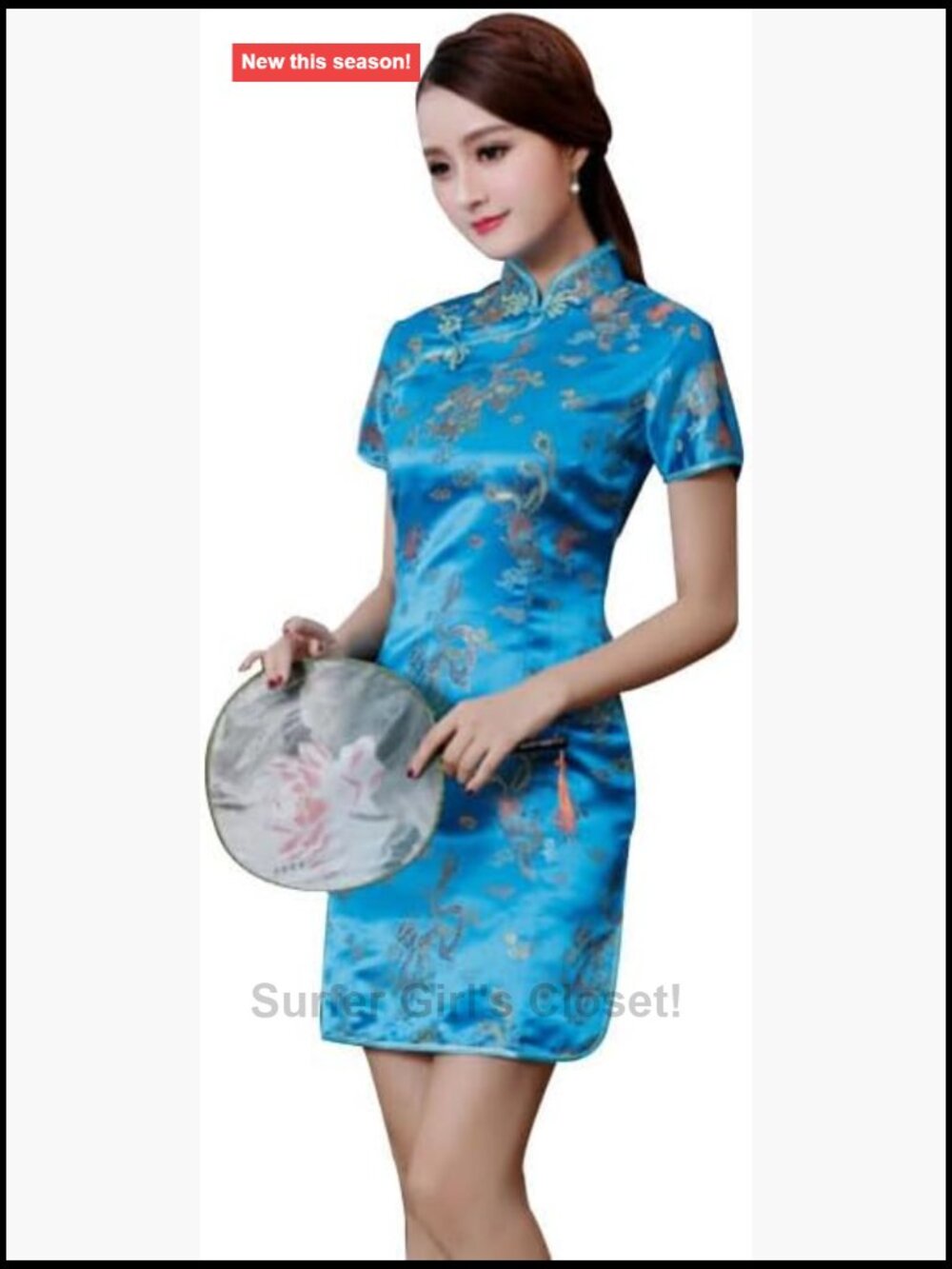 STIOEDYUAN Cheongsam Dress Mandarin Collar Slim Fit Short Sleeve Bodycon Side